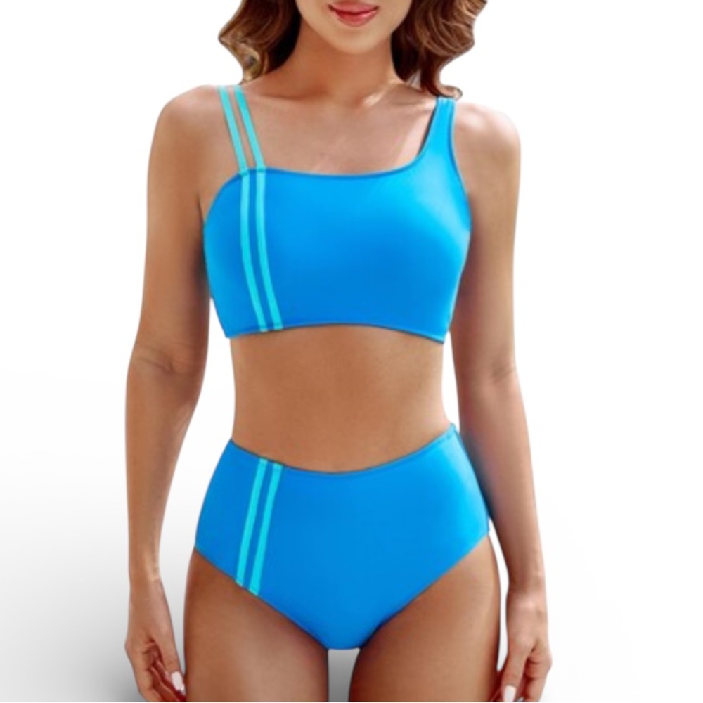Blue asymmetrical strappy stripe print high waist two piece swimsuit size XL